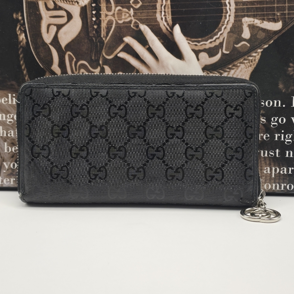 Gucci Guccissima Black GG Logo Coated Canvas Long Wallet - Picture 1 of 16